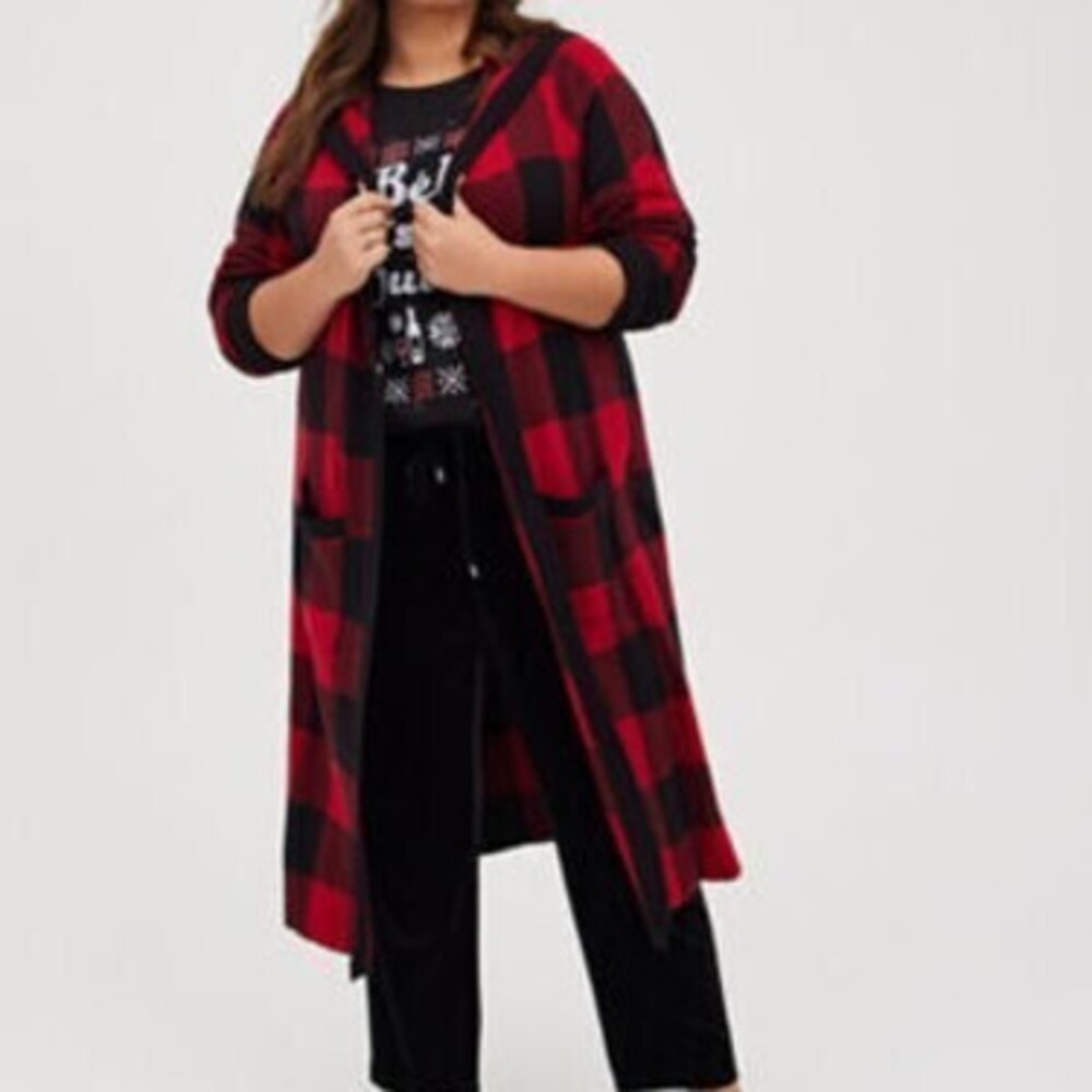 Torrid Hooded Cardigan - Plaid Red